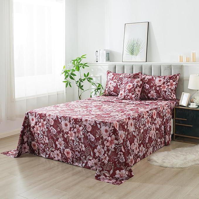 FADFAY Floral Sheets Set Full Vintage Red Floral Bedding Shabby Pink Rose Elegant Peony Sheets Rustic Farmhouse Bedding 800 Thread Count 100% Egyptian Cotton Deep Pocket Fitted Sheet 4Pcs, Full Size