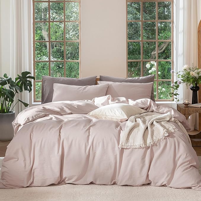 MooMee Bedding Duvet Cover Set 100% Washed Cotton Linen Like Textured Breathable Durable Soft Comfy (Heathered Greyish Pink, Twin 68"x90")