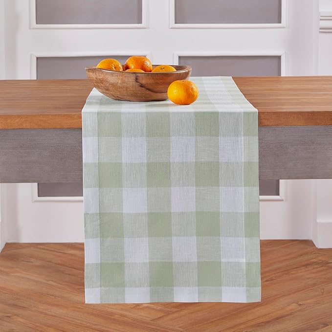 Solino Home Linen Checkered Table Runners 90 Inches Long - 100% Pure Linen Buffalo Check Sage and White Table Runner 14 x 90 Inch Ideal for Dining, Winter, Spring, St Patricks Day, Easter