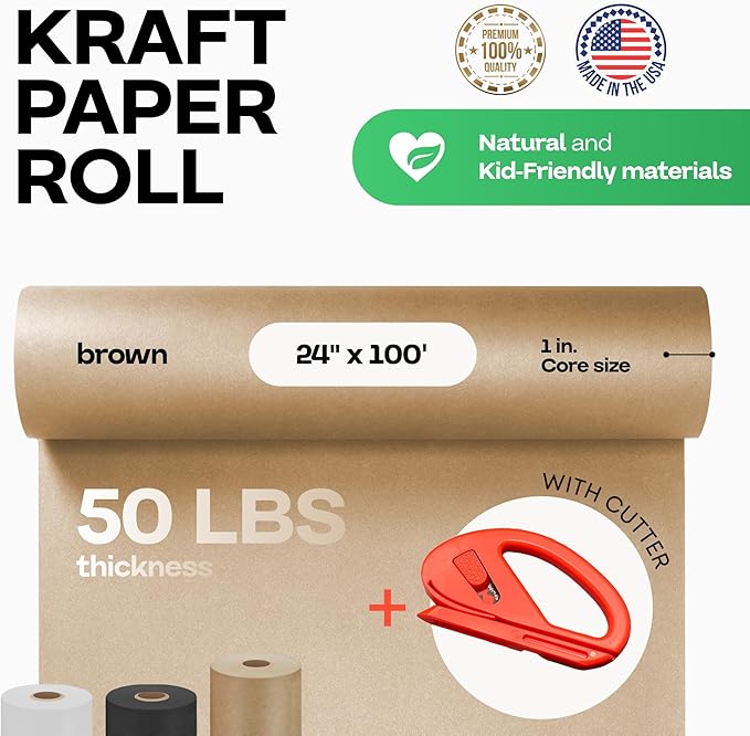 Brown Paper Roll 24" x 1200" (100 feet) with Cutter - USA-Made Wrapping Kraft Paper for Packing, Moving, Shipping & Crafts/Arts - 100% Recyclable Natural Craft Material by IDL Packaging
