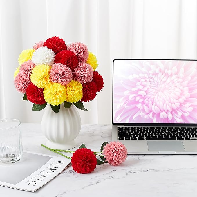 SITUMEIZI 12 Pcs Artificial Chrysanthemums Flowers Colorful Ball Flower Fake Mums Silk for Wedding Home Kitchen Decoration Floral Arrangement(Pink,Red,Orange,White)