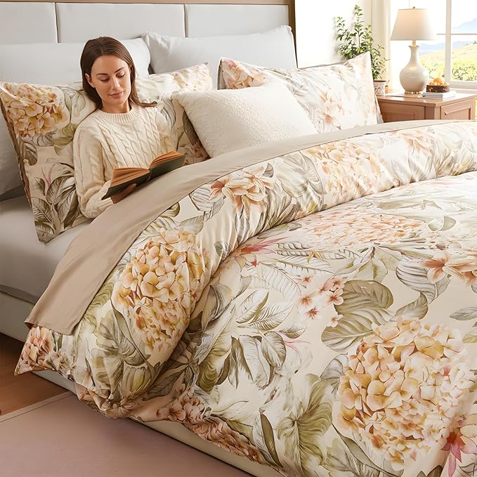 100% Cotton Duvet Cover King Size – Hydrangea Lily Floral Duvet Cover Set with Zipper Closure & Corner Ties, 3-Piece Silky Soft & Breathable Apricot Bedding Set for All Seasons