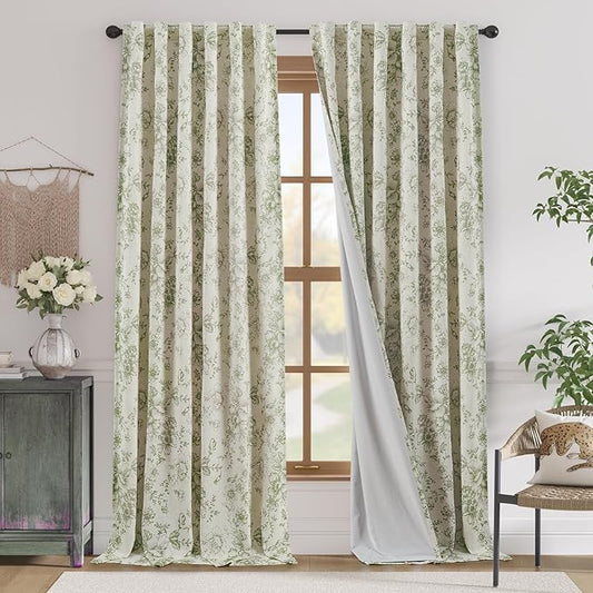 jinchan Lined Linen Blend Curtain Floral Curtains for Living Room 96 Inches Long Christmas Green Peony Flower Printed Curtain Back Tab Farmhouse Patterned Drapes Bedroom Curtains Set 2 Panels