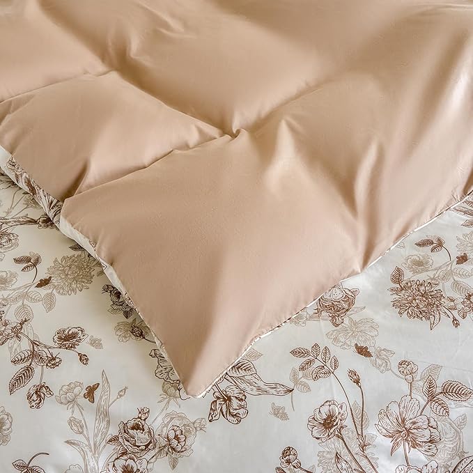 Brown Floral Duvet Cover Set 100% Percale Cotton King Size Shabby Vintage Toile Flower Printed Comforter Covers with Zipper, Soft & Breathable French Country Bedding 3Pcs-Not Comforter