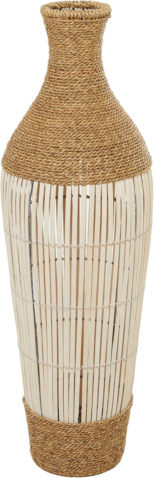Deco 79 Seagrass Handmade Decorative Vase Wrapped Tall Floor Centerpiece Vase with Cream Slatted Bamboo Center, Vase for Home Decoration 13" x 13" x 40", Brown