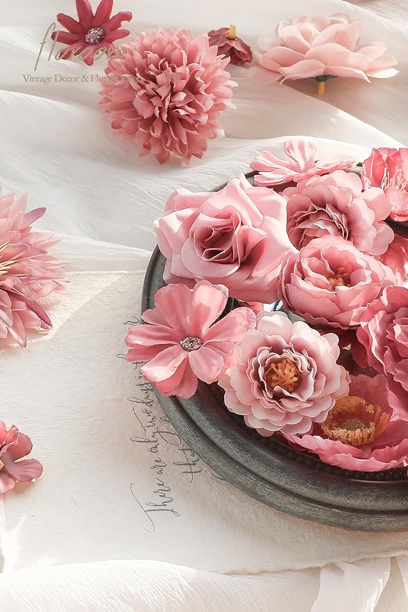 Floroom Mini Artificial Flower Heads Dusty Rose Fake Peony Daisy Rose Multicolor Small Faux Silk Flower Heads for Cake Craft Garland Wedding Party Graduation Cap DIY Home Decoration, 0.8"-3.6"