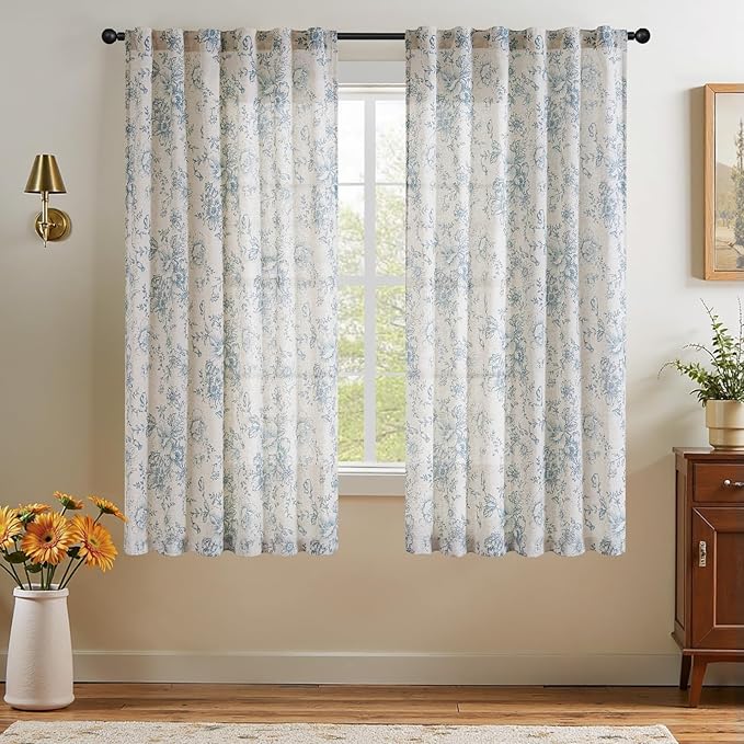 jinchan Linen Blend Curtain Floral Curtains for Living Room 54 Inch Length Blue Printed Curtain Rod Pocket Back Tab Farmhouse Peony Flower Patterned Drapes Bedroom Window Curtains Set 2 Panels