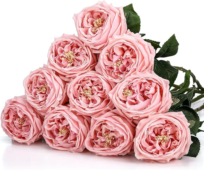 10pcs Real Touch Peonies Artificial Flowers, Faux Austin Rose with Long Stem Look Real Fake Flower for Christmas Valentines Arrangement Wedding Party Home Kitchen Decor(Pink)