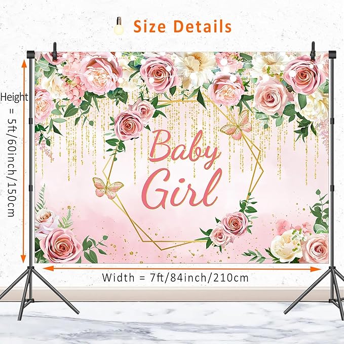 Pink Floral Baby Girl Baby Shower Backdrop Banner Party Decorations,Blush Rose Flower Its Girl Backdrops Banner Photography Background for Princess Baby Shower Party Photo Booth Supplies 7x5ft