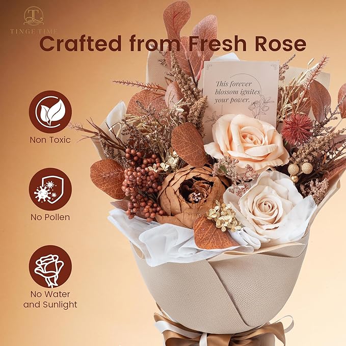 TINGE TIME Preserved Flowers Bouquet, Flowers for Delivery, Birthday Gifts for Women, Eternal Roses Bouquet for Grandma Wife Anniversary (Nude Color & Pale Coffee)