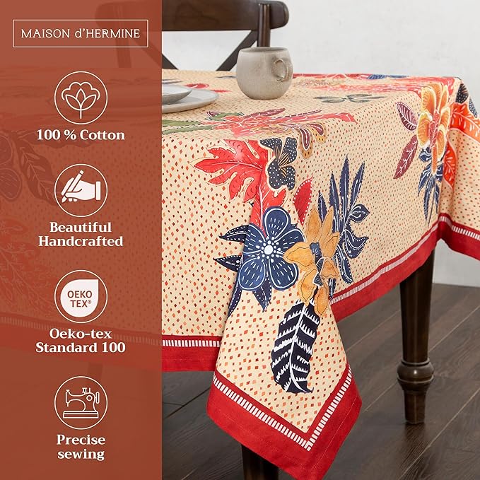 Maison d' Hermine Table Cloth Rectangle Table 100% Cotton 54 x 72 Inches Fall Tablecloth Reusable Everyday Use for Thanksgiving Christmas Decorations Dining Farmhouse Party (Kalahari)