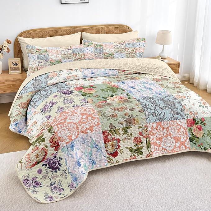 Quilt Set King Size, Vintage Patchwork Floral 3 Pcs Soft Bed Cover Bedding Set, Boho Mid Century Lightweight Bedspread Coverlet with 2 Pillow Sham for All Season