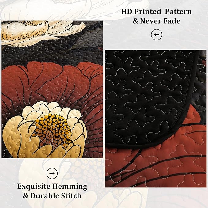 Dintszyayue Black Quilt Set King, 3 Pieces Red Floral Bedspreads Lightweight Coverlet Set for All Seasons, Reversible Quilted Printed Bedding Set with 2 Pillow Shams