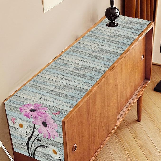 Farmhouse Table Runner, Abstract Daisy Flower Rustic Old Wood Farmhouse Print Table Runner for Home Indoor Outdoor Party Wedding Decor 13x36 inch