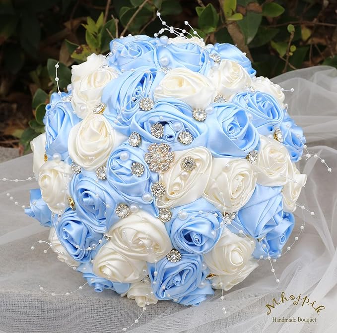 Bridal Wedding Bouquet Round Bling Brooch Bouquet Throw Toss Artificial Rose Flower Bunch for Bride Bridesmaid Wedding Quinceanera(Light Blue & Ivory, 9.8")
