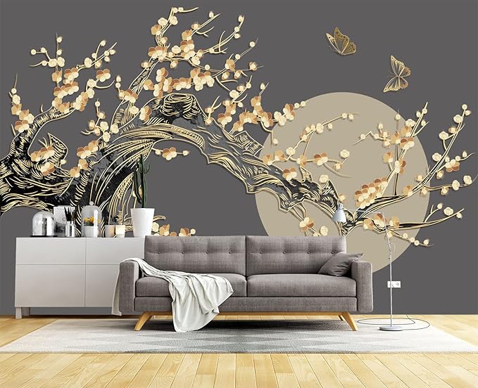 Golden Branches Butterflies Moon Wall Mural Wallpaper for Bedroom 103" x 69"