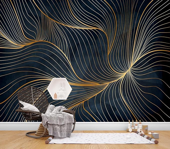Eierme-Golden Abstract line Pattern Waves Mural Wallpaper Peel and Stick 90" x 67"