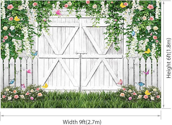 AOFOTO White Barn Door Floral Backdrop 9x6ft Spring Garden Background Banner Green Leaves Flowers Butterfly Wooden Door Backdrops Birthday Bridal Shower Wedding Banner Photo Booth Studio Props