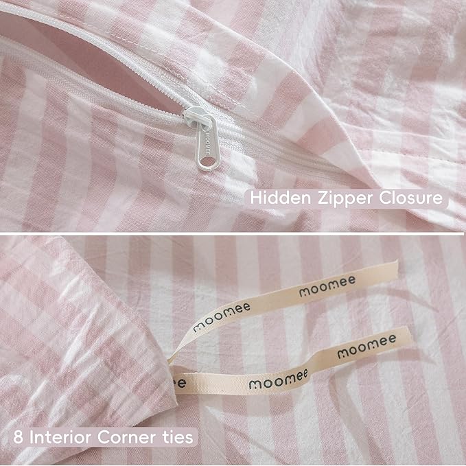 MooMee Striped Duvet Cover Set 100% Washed Cotton Linen Like Textured Breathable Durable Soft Comfy (Heathered Greyish Pink Classic Stripes, King 104"x90")