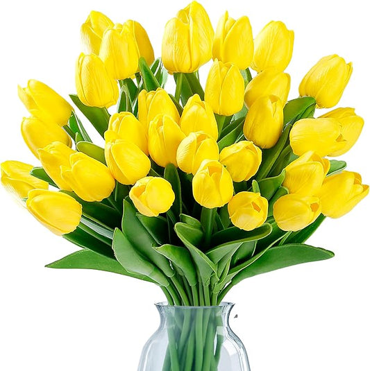 Sggvecsy 15 Pcs Fake Tulips Artificial Flowers Real Touch PU Faux Flowers Tulip Stems for Wedding Spring Bouquet Floral Arrangement Home Party Office Decorations for Mother's Day (Yellow)
