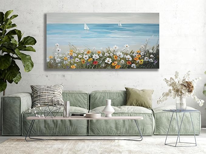 Ardemy Daisy Large Wall Art for Living Room, Floral Canvas Wall Art Ocean Flower Pictures Paintings Wall Decor Living Room Wildflower Artwork Dining Room Home Office Kitchen, 58"x29"