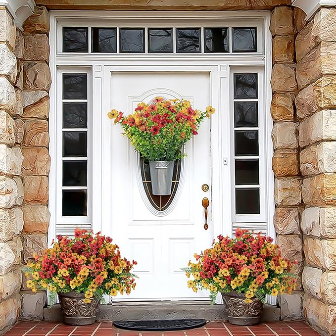 Artificial Fake Flowers Plants for Outdoor,18 Bundles Faux Plants Outside No Fade Plastic UV Resistant for Front Door Porch Patio Balcony Garden Yard Decorations