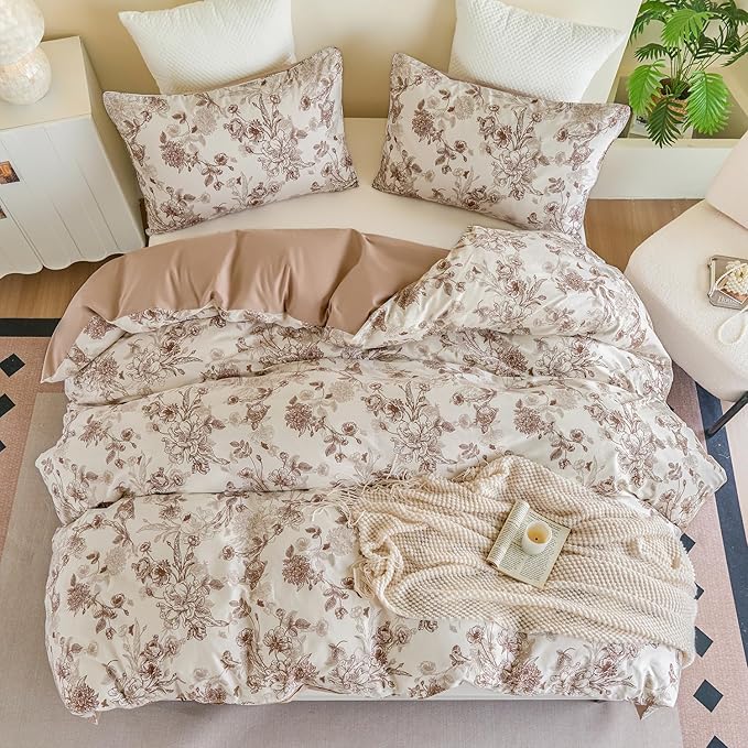 Brown Floral Duvet Cover Set 100% Percale Cotton King Size Shabby Vintage Toile Flower Printed Comforter Covers with Zipper, Soft & Breathable French Country Bedding 3Pcs-Not Comforter