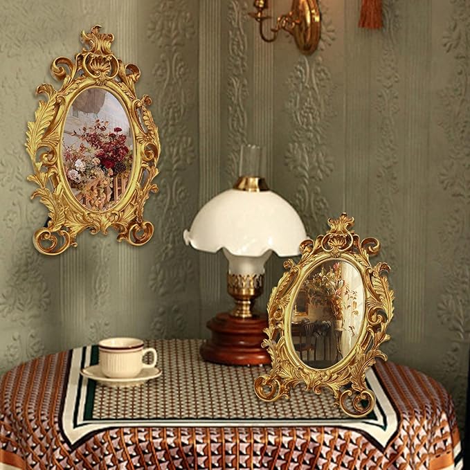 Oval Photo Frame 4x6, Gold Vintage Resin Picture Frames with Glass Cover, Antique Picture Frame for Living Room, Retro Handmade Photo Frames for Tabletop or Wall Hanging, Pictures Display Frames Art