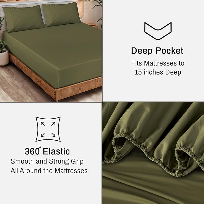 RUVANTI 100% Organic Cotton Sheets Split King, Percale Weave, GOTS Certified, 5-Piece Set, Deep Pocket 15", Crisp & Breathable, Soft Durable Bedding, Sábanas Algodón Orgánico – Olive