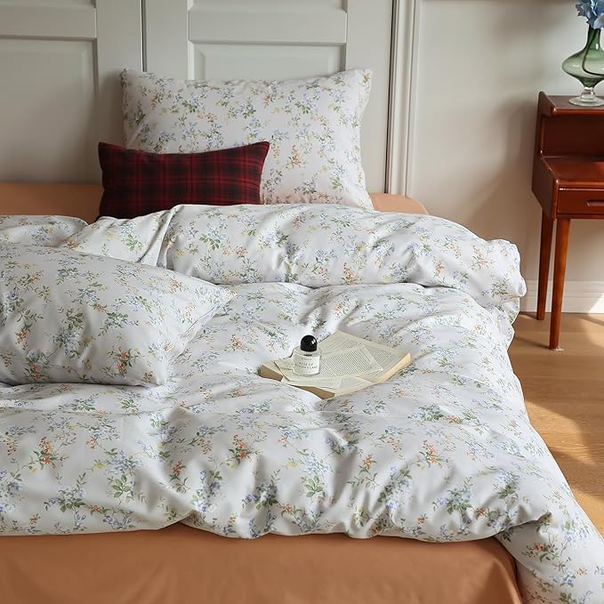 LifeTB Vnitage Style Flower Duvet Cover Set Twin Soft Cotton Botanical Floral Comforter Cove Girls Cottagecore Bedding Set Boho Flower Comforter Cover with Zipper Ties Vintage Country Bedding