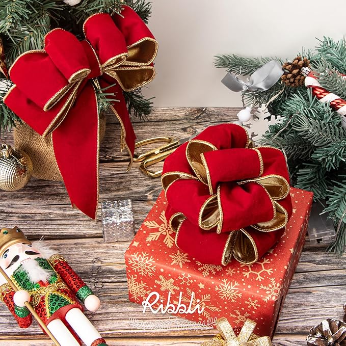 Ribbli Red Velvet Wired Ribbon 2.5 Inch Luxury Velvet Christmas Ribbon for Gift Wrapping Christmas Tree Decoration Crafts Wreaths Supplies -10 Yards