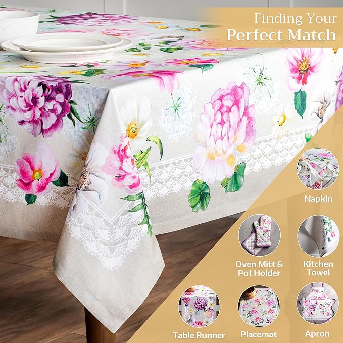 Maison d' Hermine Table Cloth Rectangle Table 100% Cotton 60 x 90 Inches Tablecloth Reusable Decorative Everyday Use for Dining Room, Farmhouse, Home, Party, Festive & Wedding Spring Summer - Pivoine