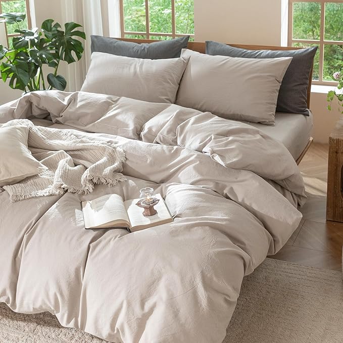 MooMee Bedding Duvet Cover Set 100% Washed Cotton Linen Like Textured Breathable Durable Soft Comfy (Solid Light Tan, King 104"x90")
