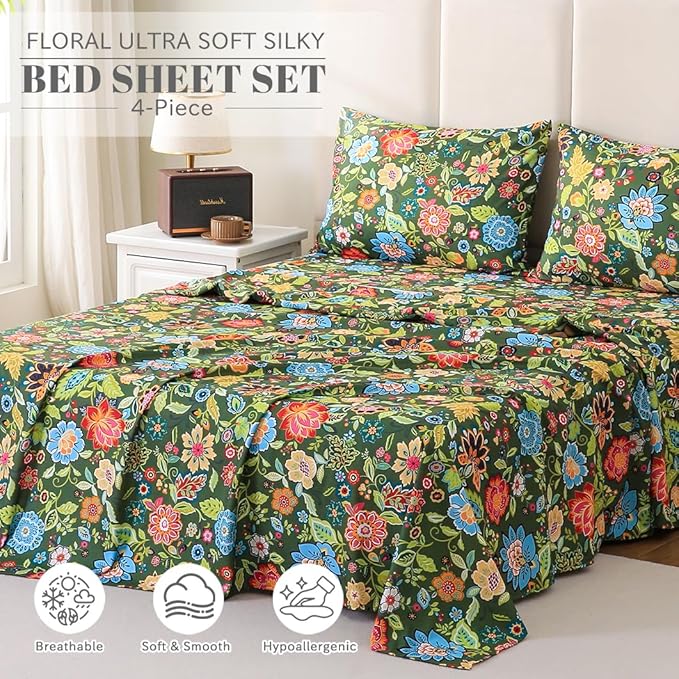 Bedlifes Full Sheet Set Ultra Soft, Breathable, Silky Flower Deep Pocket 100% Microfiber Bedding, 4 Piece Full Size with Floral Dark Green