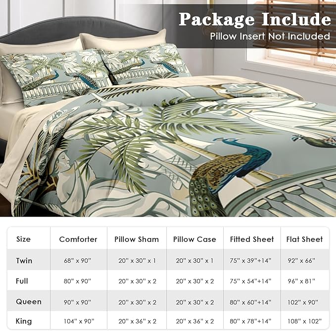 Comforter Set Twin Size, Peacock Bird Animal 5 Pcs Bedding for Kids and Adults, Floral Botanical Grey Green Bed Sheet Sets with Fitted Sheet Pillowcase & Sham for Bedroom Bed Decor