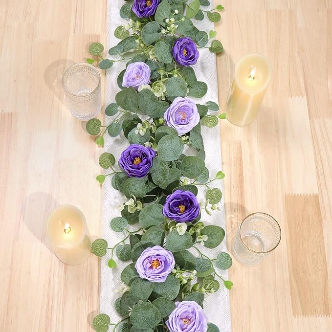 TOCHGREEN 2 Pack 13Ft Artificial Eucalyptus Flower Garland with Purple Roses, Fake Rose Flower Greenery Garland Floral Vines for Wedding Home Party Table Runner Decor (Purple, 2PCS)