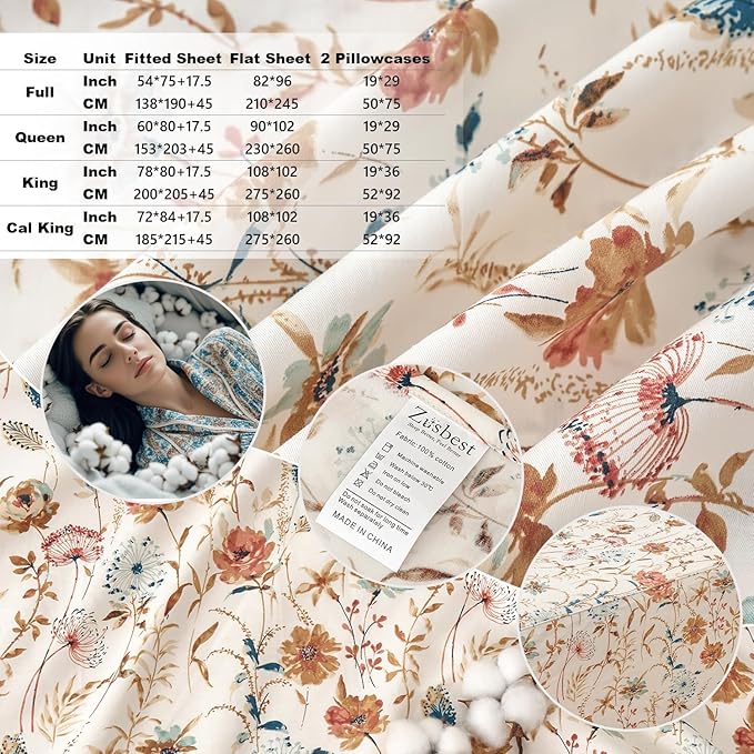 Zusbest Queen Sheets Set 100% Percale Cotton - Boho Floral Botanical Printed Bedding with Deep Pocket 17.5'', Vintage Burnt Orange & Teal Design, 4-Piece Soft Breathable Sheets
