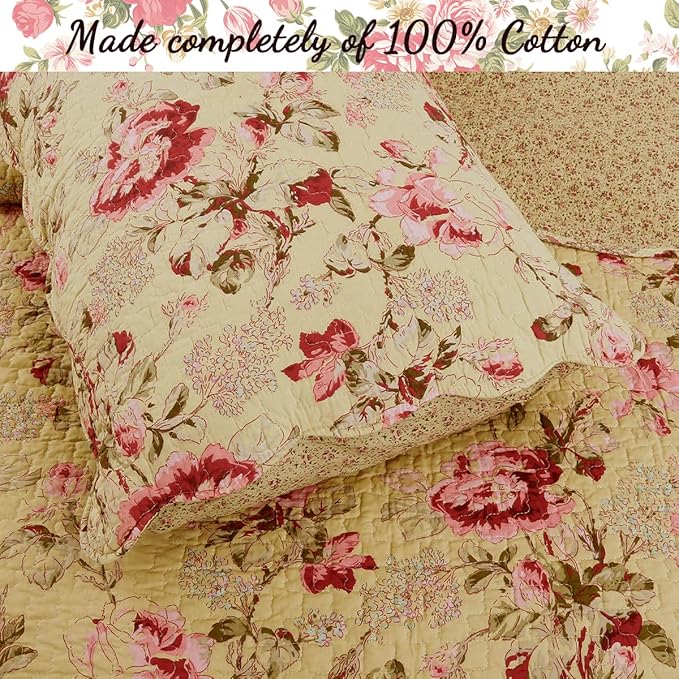 Cozy Line Home Fashions Lelia Pink Rose Blooming Floral Vintage Yellow 100% Cotton Reversible Quilt Bedding Set, Coverlet Bedspread (Rose Vivid, Queen - 3 Piece)