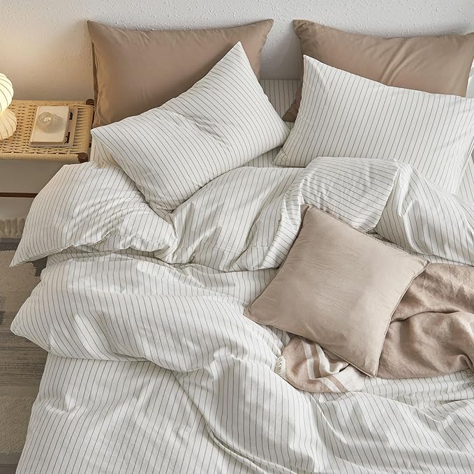 MooMee Striped Duvet Cover Set 100% Washed Cotton Linen Like Textured Breathable Durable Soft Comfy (White Sage Green Wide Stripes, Twin 68"x90")
