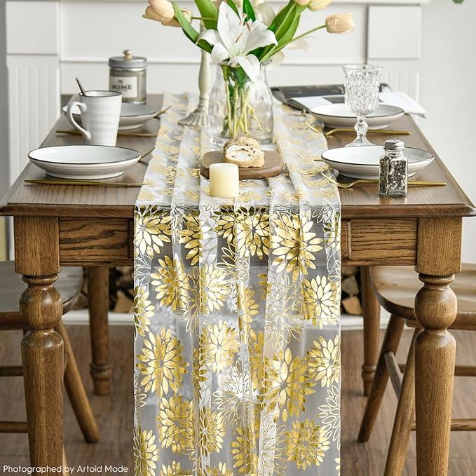 Artoid Mode 3PCS Beige Gold Dahlia Flower Gauze Table Runner 120 Inch 10FT, Glitter Metallic Foil Seasonal Sheer Dining Holiday Table Decor for Home Party