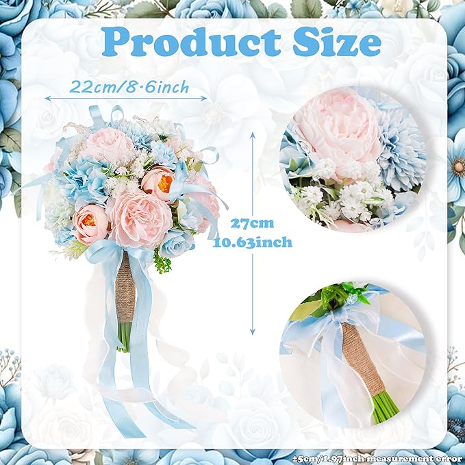 8.6in Wedding Bouquets for Bride Bridesmaid, Baby Blue Blush Pink Creamy White Bouquet with Crystal Pastel Flowers Artificial Fake Silk Roses for Wedding Rainbow Spring Beach Decoration Toss Bouquet