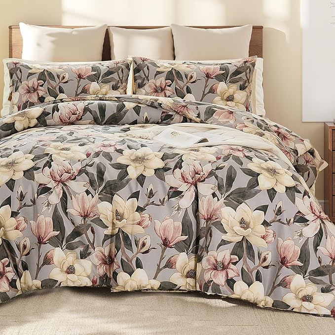 Bedding_Dreamer Floral Comforter Set King, 100% Cotton, Elegant Flowers Botanical Bedding Set Colorful Watercolor Cute Flower and Leaves Shabby Chic Cottage, 3 Pcs