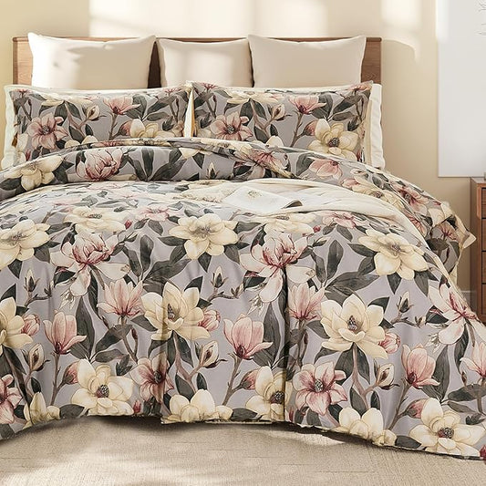 Bedding_Dreamer Floral Comforter Set Queen, 100% Cotton, Elegant Flowers Botanical Bedding Set Colorful Watercolor Cute Flower and Leaves Shabby Chic Cottage, 4 Pcs
