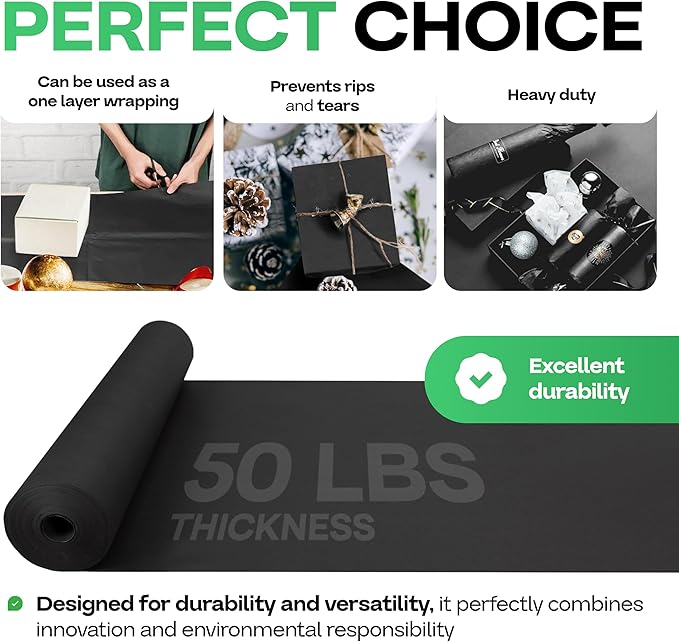 Black Paper Roll 36" x 1200" (100 feet) - USA-Made 50lb Thick Kraft Paper for Packing, Moving, Shipping, Wrapping, Crafts, Arts, Birthday Party - 100% Recycled Gift Wrap Material by IDL Packaging