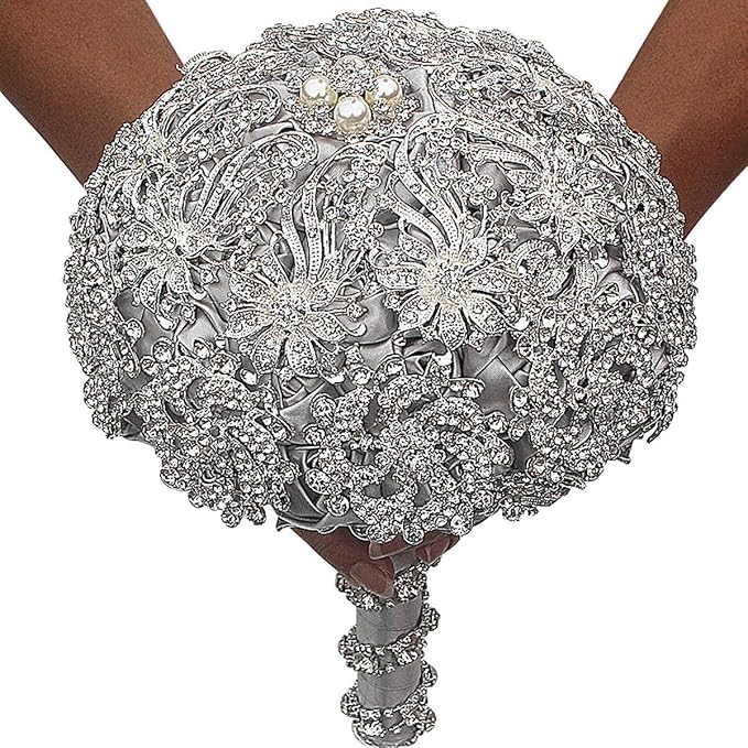 Brooch Wedding Bouquet - Luxury Bride Bouquet with Rhinestone Brooch and Crystal Handle for Elegant Weddings