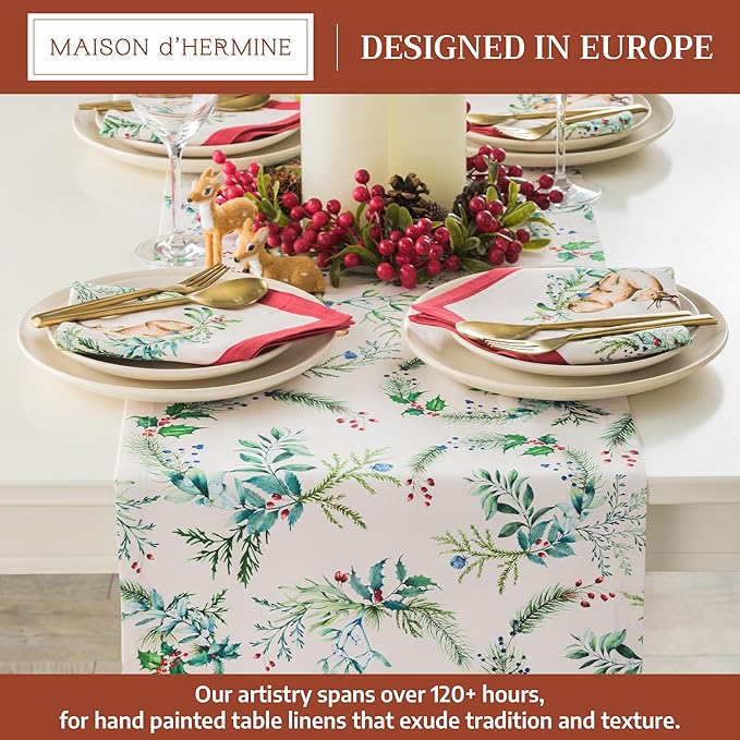 Maison d' Hermine Table Runner 100% Cotton Double Layer Table Runners 72 inches Long for Thanksgiving Christmas Decorations Home Kitchen Dining Party Wedding (Holly Time, 14.5" x 72")