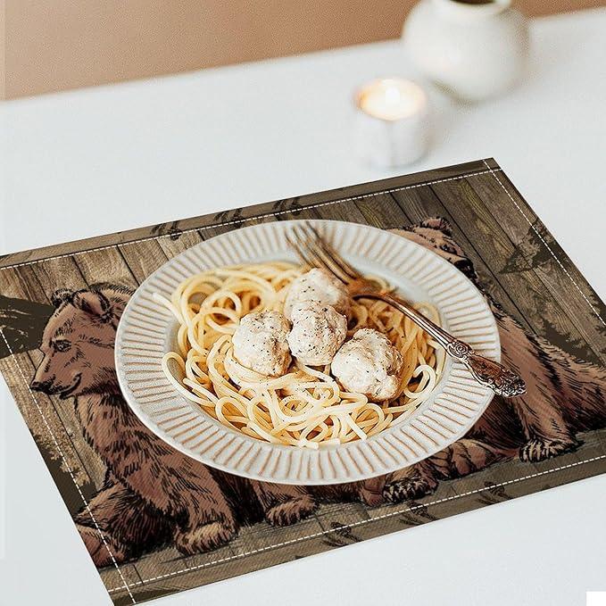 Rustic Lodge Bears Placemats Set of 6, Vintage Cabin Pine Tree Wooden Board Place Mats, Heat Resistant Non Slip Cotton Linen Dining Table Mats for Home Party Kitchen 18x12 Inch