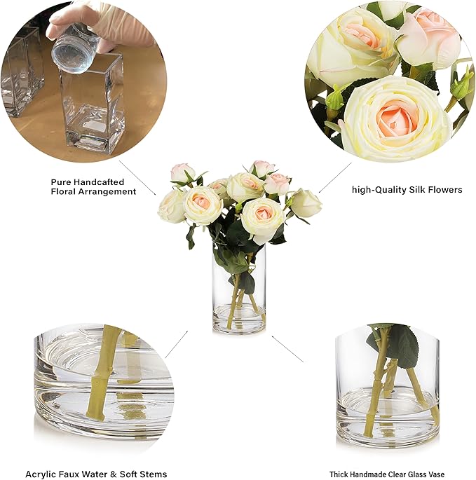 ENOVA FLORAL 9 Heads Silk Rose Artificial Flowers in Vase,Faux Rose Flowers Arrangement in Vase with Faux Water for Table Decor Centerpieces (Champagne)