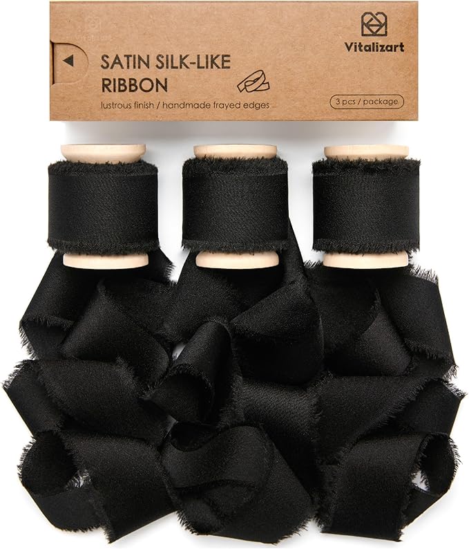 Vitalizart Black Silk Satin Ribbon 1 Inch x 15 Yard Wooden Spool Handmade Frayed Ribbon for Gift Wrapping Baby Shower Wedding Bridal Bouquets Holiday Decor 3 Rolls x 5 Yard