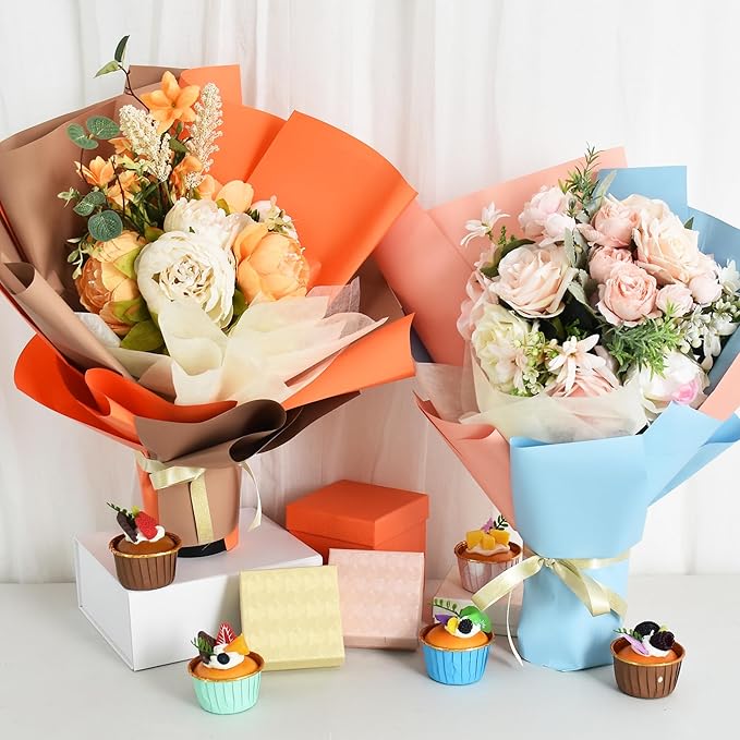 BEISHIDA 20 PCS Orange Floral Wrapping Paper-Matte Waterproof Flower Wrapping Paper Bouquet for Florist Supplies, DIY Crafts, Gift Packaging, Wedding, Birthday Gift